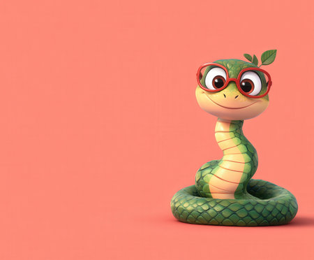 Cute cartoon snake with red glasses on pink background.の写真素材