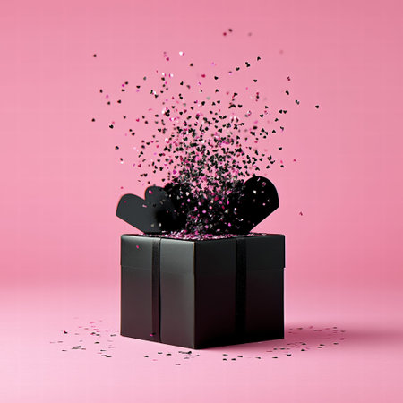 Black gift box with pink and black confetti explosion on pink background.