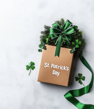 St. patrick's day gift box with green ribbon and shamrocks on light background.の写真素材