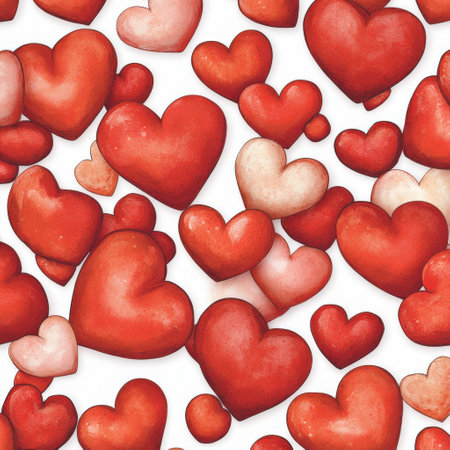 Vibrant red hearts pattern on white background for love and romance themes.の写真素材