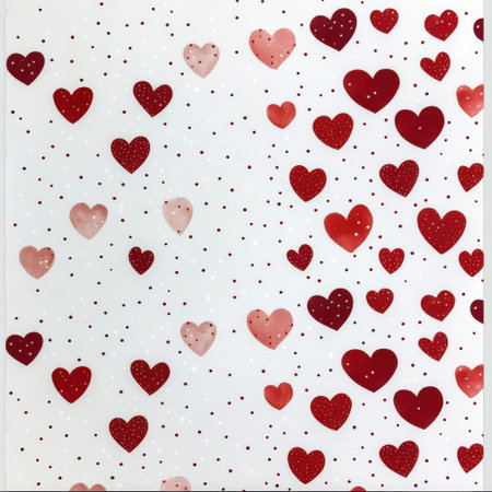 Pattern of red and pink hearts with polka dots on white background.