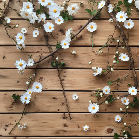 White daisies and branches on wooden background with natural rustic charm.の写真素材
