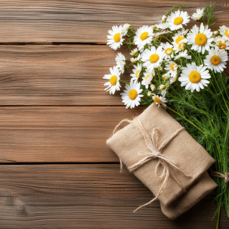 Rustic gift wrapped in burlap with beautiful daisies on wooden background.の写真素材