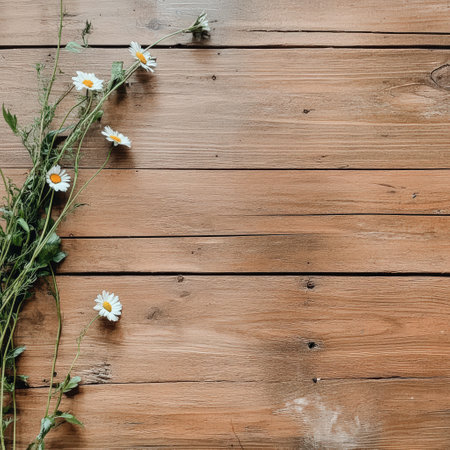 Daisies on rustic wooden planks: natural floral decor on weathered wood surface.の写真素材