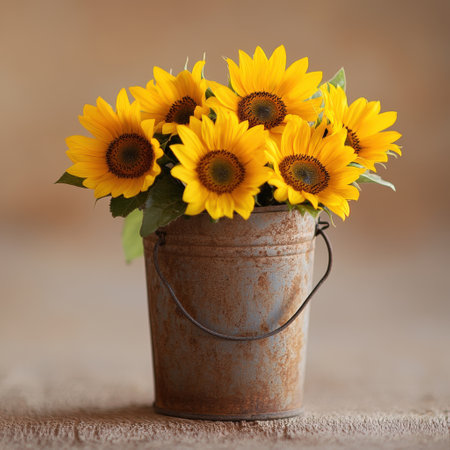 Vibrant sunflowers in rustic metal bucket on wooden surface.の写真素材