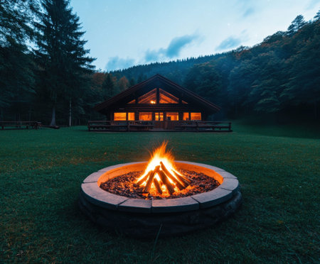 Cozy cabin retreat with campfire in forested mountain landscape at dusk