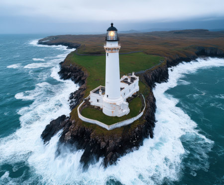 Scenic lighthouse on rugged coastline with crashing waves and dramatic sky.の写真素材