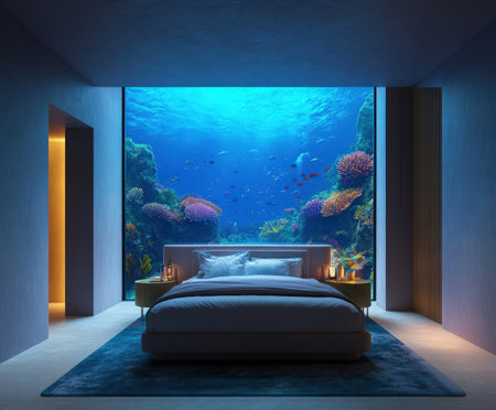Luxurious underwater bedroom with aquarium view featuring cozy bed and blue ambiance.の写真素材