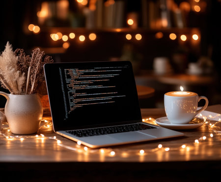 Cozy coffee shop coding scene with laptop and warm lighting ambiance.