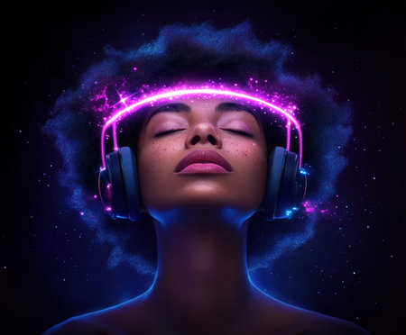 African female immersed in music with neon headphones and cosmic hair.