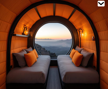 Cozy mountain pod with stunning sunrise view from twin beds inside a circular cabin.