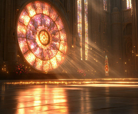 Sunlit cathedral interior with stunning rose window and stained glass.