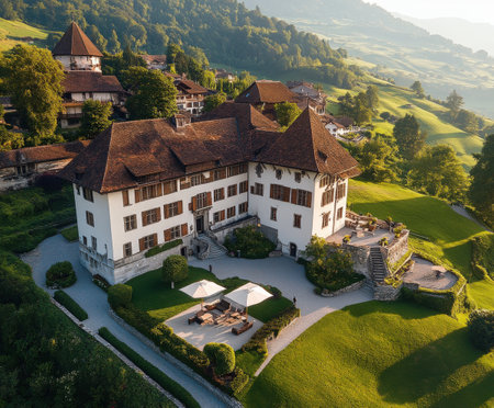 Majestic swiss chateau amidst lush green hills and scenic landscape.の写真素材