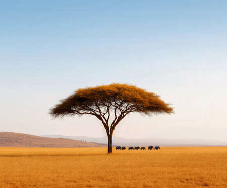 Lone acacia tree in african savannah with distant elephant herd.の写真素材