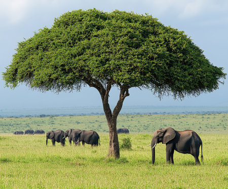 Elephants grazing under acacia tree in african savannah landscape.の写真素材