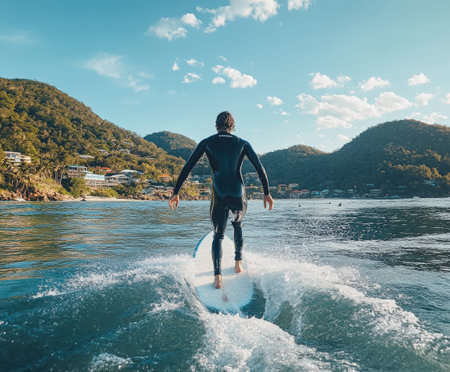 Young caucasian male surfing on a sunny day in scenic hillside location.