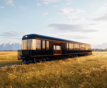 Vintage train car on scenic plains with mountain backdrop in golden sunset.