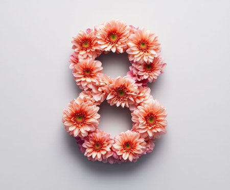 Floral number eight design with pink flowers on white background.