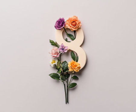 Floral number eight with colorful roses and leaves on neutral background.