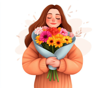 Smiling young female holding vibrant flower bouquet.の写真素材