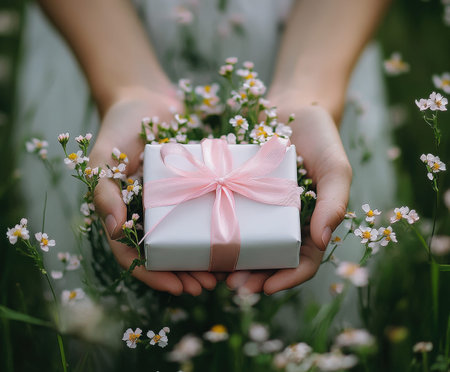 Female hands holding gift box with pink ribbon in flower field.