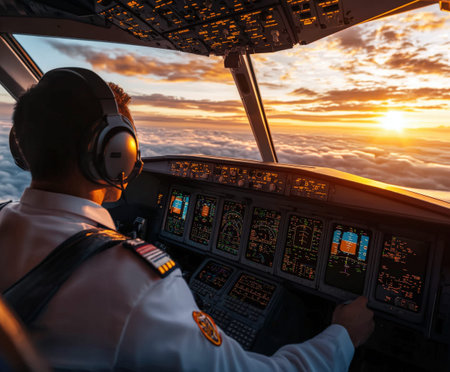 Male pilot navigating airplane during breathtaking sunset above clouds.