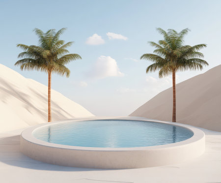 Serene desert oasis with circular pool and palm trees under a clear sky.の写真素材