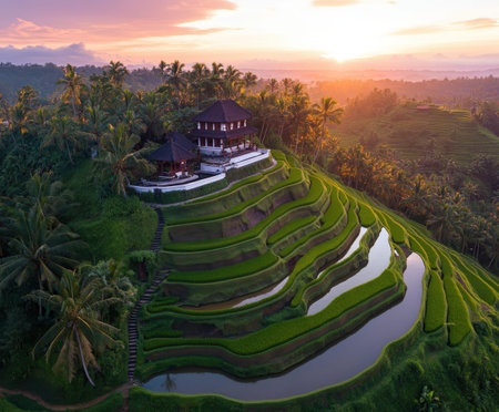 Scenic sunrise over lush green rice terraces and traditional balinese house.