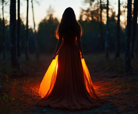 Silhouette of woman in glowing dress at sunset in forest pathway.の写真素材