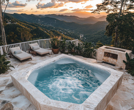 Mountain view retreat with luxurious outdoor spa and scenic sunset.