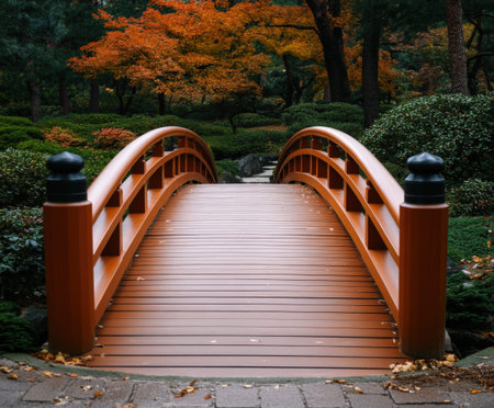 Red wooden bridge in Japanese garden with autumn foliage and lush greenery.の写真素材