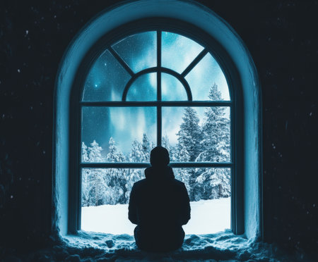 Silhouette of a person at window watching snowy winter landscape and northern lights.の写真素材