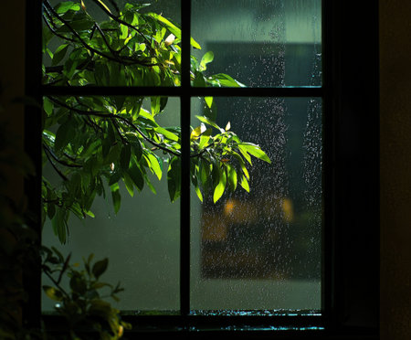 Rainy evening view through window with lush greenery and water droplets.