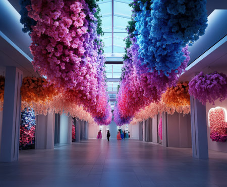 Vibrant floral installation in modern hallway with visitors.の写真素材