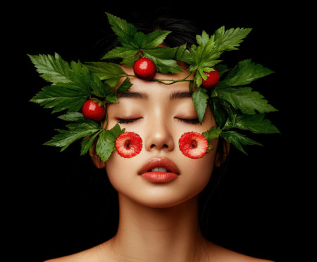 Asian female with strawberry and leaf adornment against black background.の写真素材
