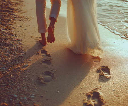 Couple walking along the beach at sunset leaving footprints in sand.の写真素材