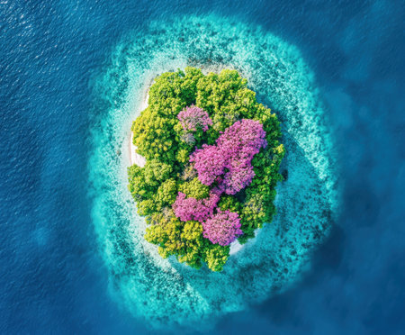 Lush tropical island with vibrant pink and green foliage surrounded by turquoise ocean.