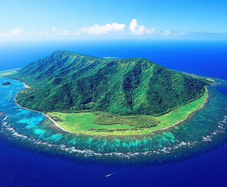 Lush green volcanic island surrounded by vibrant blue ocean and coral reefs.の写真素材