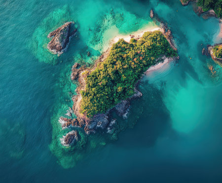 Aerial view of tropical island with lush greenery in turquoise waters.の写真素材