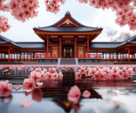 Cherry blossoms in bloom at traditional Japanese temple.