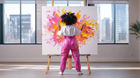 Female artist painting in bright studio creating vibrant abstract art.