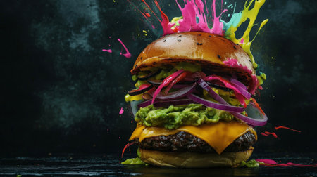 Vibrant burger explosion with colorful paint splashes on dark background.の写真素材