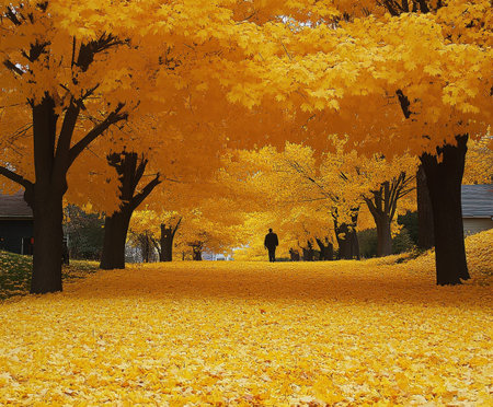 Solitary stroll through vibrant autumn path lined with golden foliage.