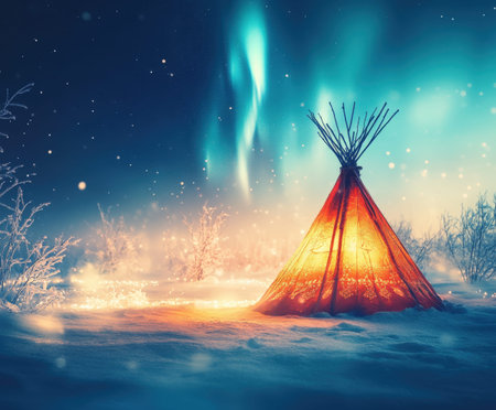 Glowing teepee in snowy landscape beneath northern lights at night.