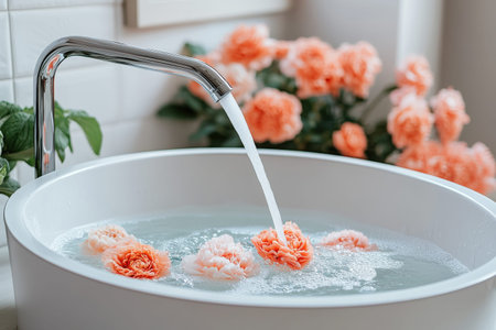 Bloom-filled bathtub with flowing water and vibrant orange flowers.