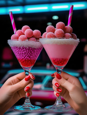 Colorful cocktails garnished with sugary candy in elegant glasses.