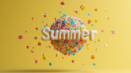 Colorful summer theme with vibrant 3d floral sphere on yellow background.