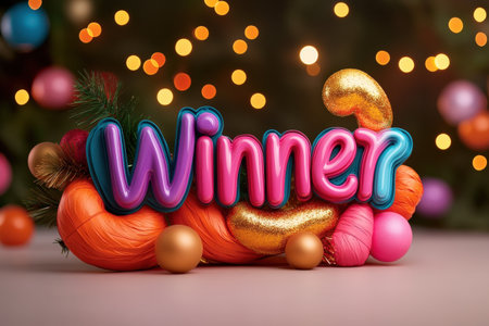 Colorful winner text with festive decorations and bokeh lights in background.の写真素材