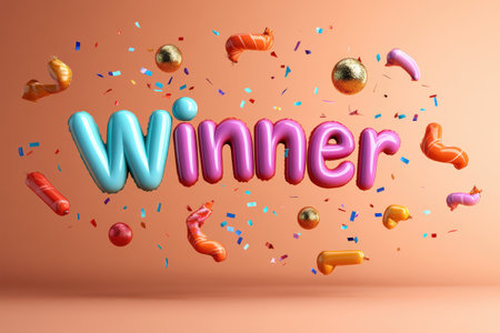 Colorful winner celebration with balloons and confetti on orange background.の写真素材