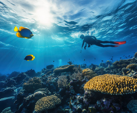 Scuba diving adventure in vibrant coral reef paradise underwater.